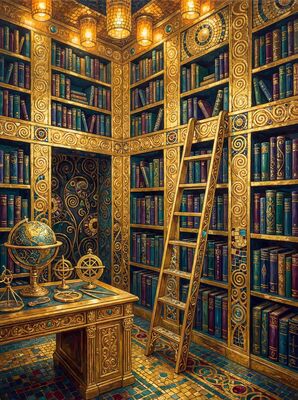 Gustav Klimt Grand Library Shelves Scene Canvas Painting