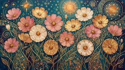 Gustav Klimt Cosmos Flower Field Scene Canvas Wall Art