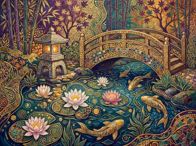 Gustav Klimt Japanese Lily Pond Scene Canvas Painting