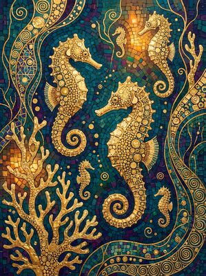 Gustav Klimt Coral Reef Seahorses Canvas Wall Art