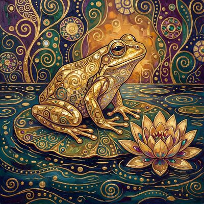 Gustav Klimt Frog on Lily Pad Scene Canvas Wall Art