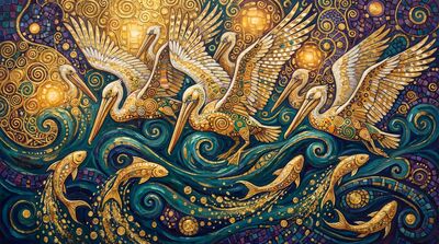 Gustav Klimt Pelicans Fishing Scene Canvas Painting