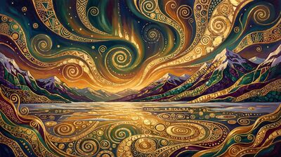 Gustav Klimt Northern Lights Over Lake Canvas Painting