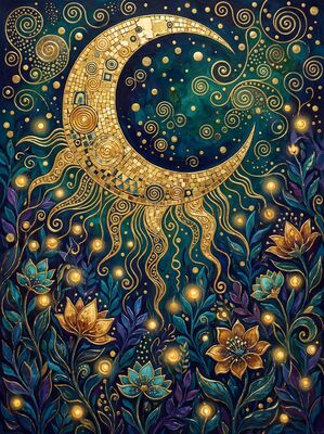 Gustav Klimt Crescent Moon Garden Scene Canvas Wall Art