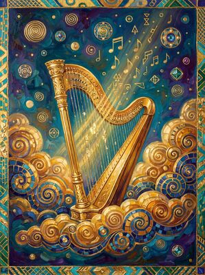 Gustav Klimt Harp Among Clouds Scene Canvas Painting