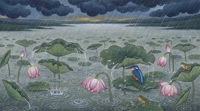 Monsoon Rain Lotus Pond Canvas Painting