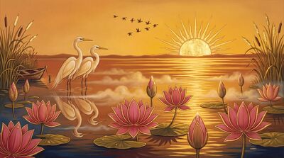 Golden Sunrise Lotus Pond Canvas Wall Art