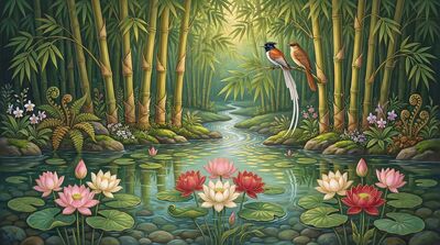 Lotus and Bamboo Grove Canvas Wall Art