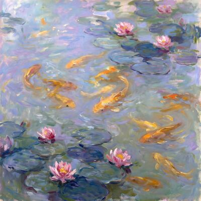 Golden Koi Water Lilies Canvas Painting