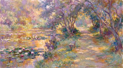Path Along Pond Water Lilies Canvas Painting
