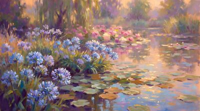 Agapanthus Border Water Lilies Canvas Wall Art