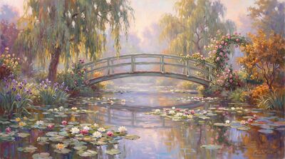 Curved Bridge Water Lilies Canvas Painting