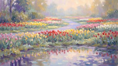 Colorful Tulip Rows Canvas Painting