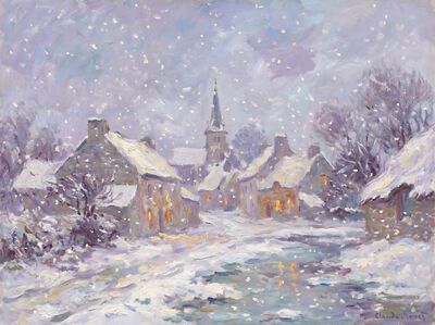 Snow Falling Village Canvas Painting