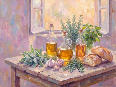 Olive Oil and Herbs Canvas Painting