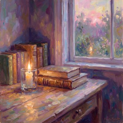 Candle and Books Canvas Painting