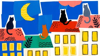 Abstract Colorful Rooftop Cats Canvas Painting
