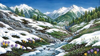 Spring Mountain Ice Melting Renewal Canvas Painting