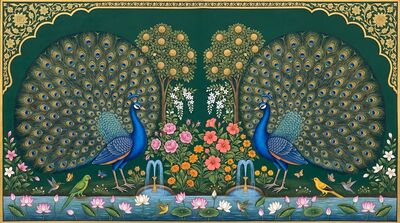 Twin Peacocks Symmetry Garden Canvas Wall Art