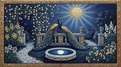 Moonlit Peacock Jasmine Garden Canvas Painting