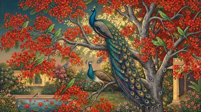 Peacock in Flowering Tree Canvas Wall Art