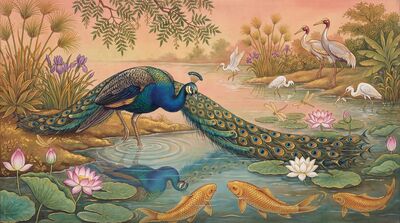 Peacock and Lotus Pond Dual Canvas Wall Art