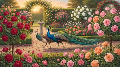 Peacock Pair in Rose Garden Canvas Wall Art