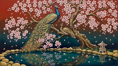 Peacock Cherry Blossom Fusion Canvas Wall Art