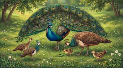 Peacock Family with Chicks Canvas Painting