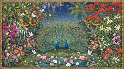 Paradise Garden Twin Peacocks Canvas Painting