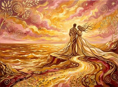 Lovers at Ocean Clifftop Sunset Canvas Painting