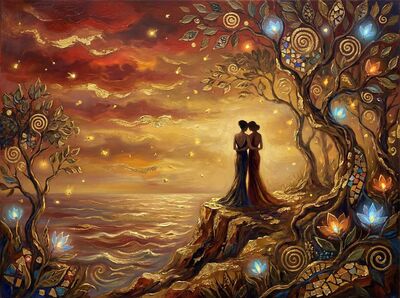 Couple Overlooking Ocean at Sunset Canvas Wall Art