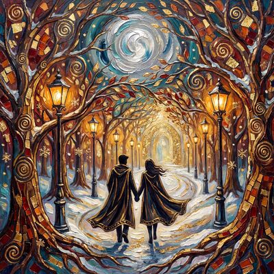 Couple Walking in Snowy Park Canvas Wall Art