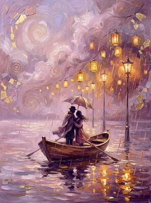 Romantic Lake Rowboat at Dusk Canvas Painting