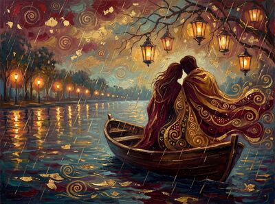 Couple in Lantern-Lit Rowboat Canvas Wall Art