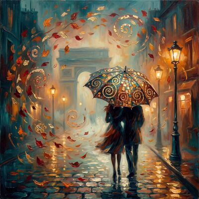 Lovers in Paris Rain with Umbrella Canvas Wall Art