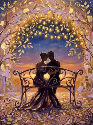 Couple on Park Bench with Twinkling Lights Canvas Wall Art