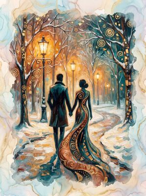 Lovers in Snow-Covered Park Canvas Wall Art