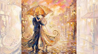 Parisian Rain Romance Under Umbrella Canvas Painting