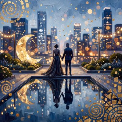 Couple on Rooftop Overlooking City Canvas Wall Art