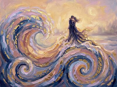 Couple as Crashing Ocean Waves Canvas Painting
