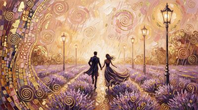 Lovers Running in Lavender at Dusk Canvas Painting