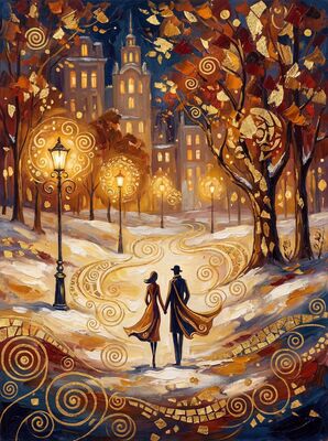 Winter Romance Under Lampposts Canvas Painting