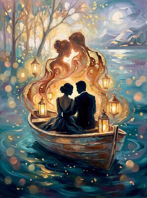 Twilight Lake Romance in Rowboat Canvas Painting