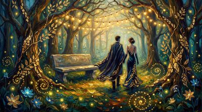 Romantic Park Bench Under Glowing Lights Canvas Wall Art