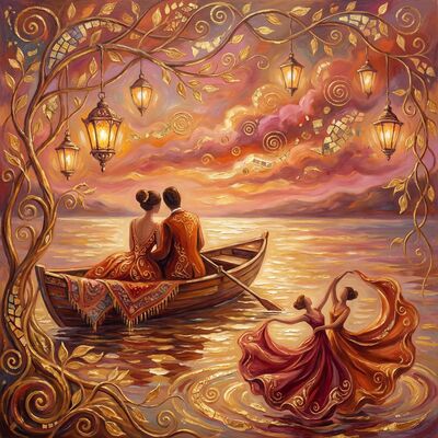 Lovers on Lake with Glowing Lanterns Canvas Wall Art