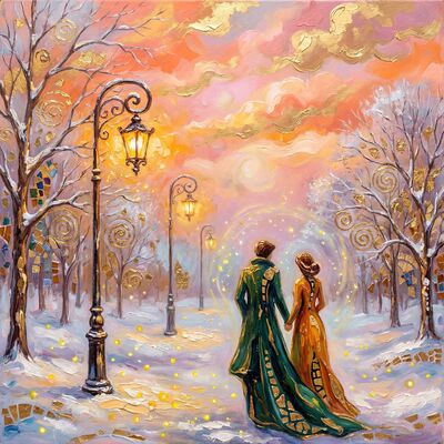 Couple in Winter Wonderland Park Canvas Painting