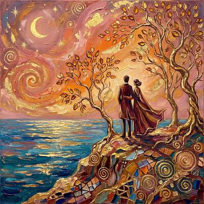 Partners at Seaside Cliff Sunset Canvas Wall Art