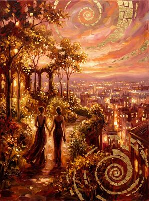 Romantic Rooftop Garden Evening Canvas Painting