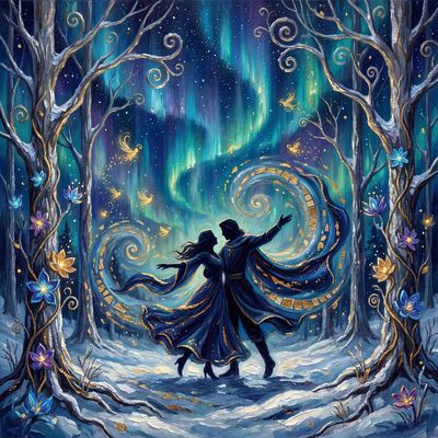Lovers Under Northern Lights in Snow Canvas Wall Art